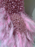 Luxury Rhinestones Pearls Halter Backless Short Feathers Dress Women Sexy Celebrate Birthday Dress Performance Dance Costume