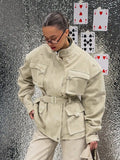Women Oatmeal Soft Suede Stand Collar Snap Button Pocket Jackets Long Sleeve Coats Autumn Daily Office Party Chic Outerwear 2026