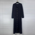 Black Casual Knit Midi Dresses For Women V Neck Gold signle Buttons Accent Textured Fabric Pleated Skirt For Office Commute