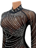 Sexy Pearls Rhinestone Party Dresses Women Elegant Nightclub Feather Birthday Dress Long Sleeve Mesh Sheer Bodycon Dress
