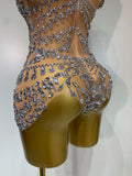 Women Sexy See Through Crystal Bodysuits Luxury Birthday Dancer Stage Performance Wear Mesh Sparkly Rhinestone Nightclub Outfit