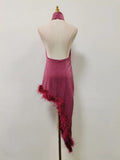 Solid Slim Backless Dresses For Women Round Neck Sleeveless High Waist Spliced Feather Irregular Dress Female New
