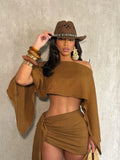 Sexy 2 Piece Set Women Skew Collar Loose Crop Tops+Ruched Knot Ribbon Skirt Matching Beach Vacation Party Club Suit
