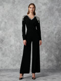 Elegant Slim Fit Long Sleeved Jumpsuit 2026 New Heavy Industry Bead Diamond High Waist Solid Color Long Jumpsuit