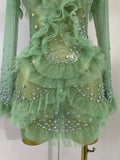Sexy Mesh Ruffled Sparkly Rhinestones Long Sleeves See Through Mini Dress Women Eveing Party Birthday Dance Nightclub Stage Wear