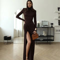 Elegant Turtleneck Curvy Brown Dress Women's Sexy Long Sleeve Shoulder Pad Party Evening Tight Elastic Dresses Winter New Black