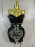 Sexy Strapless Black Mesh See Through Mini Dress Women Eveing Luxury Sparkly Diamonds Birthday Bar Party Nightclub Stage Costume