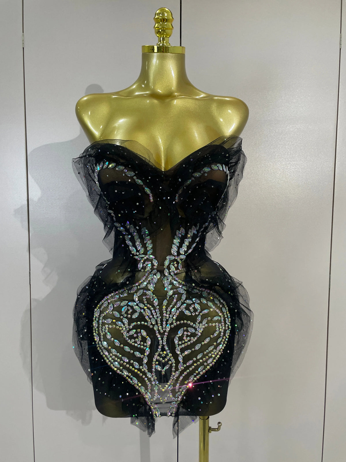 Sexy Strapless Black Mesh See Through Mini Dress Women Eveing Luxury Sparkly Diamonds Birthday Bar Party Nightclub Stage Costume