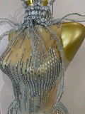 Sexy Sparkly Rhinestones Sleeveless Mesh See-Through Mini Dress Women Eveing Party Dancer Bar Nightclub Stage PhotoShoot Costume