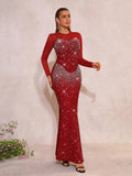 Luxury Diamonds Bandage Formal Evening Dress Mesh Long Sleeves Mermaid Women's Gowns Elegant Wedding Party Dress