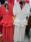 V Neck Puff Short Sleeve Maxi for Dress Women Ruched Fitted Waist Tiered Double Ruffle Hem for Summer Daily Party Occasion