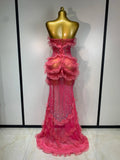 Women Strapless Sparkly Diamonds Ruffled Slit Long Dress Birthday Evening Party PhotoShoot Mesh See Through Nightclub Stage Wear