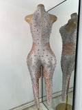 Women Sexy Spandex Rhinestones Sleeveless Tight Jumpsuit Celebrate Birthday Evening Club Rompers Photo Shoot Wear