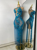 Women Sexy Sparkly Crystal Sequins Sleeveless Mesh See Through High Split Long Birthday Dress Dancer Performance Stage Costume