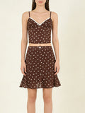 Casual Coffee Polka Dot Two Piece Set for Women Lace Trim Cami Sheer Mesh Ruffled Midi Skirt Set for Vintage Dates