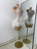 Women Sexy Halter Beading Feather Tight Bodysuit Nightclub Performance Leotard Luxury Party Celebrate Stage Wear