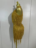 Shiny Rhinestone Tassel Gold Mini Dress Women Elegant Prom Gown Evening Party Sexy Nightclub Birthday Photoshoot Stage Costumes