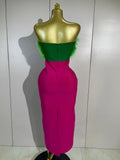 Luxury Celebrity Evening Party Birthday Dresses Women Sexy Green Feather Strapless Color Block Plaid Bodycon Midi Bandage Dress