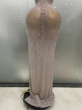 Luxurious Full Rhinestones Mesh Transparent Long Dress Women Birthday Celebrate Evening Prom Dress Party Club Stage Costume