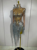 Sparkly Rhinestone Golden Sequins Tassel Sexy Transparent Dress Women Evening Birthday Party Nightclub Dance Singer Stage Outfit