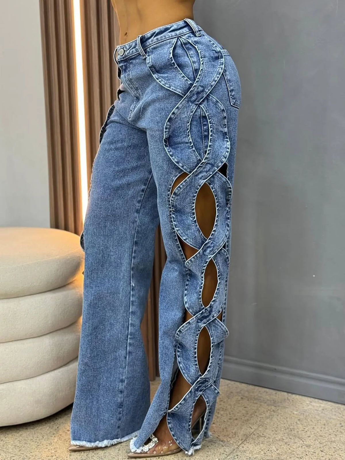 Women Streetwear Cutout Hollow Out Criss Cross Side Wide Leg  Blue Denim Pants  Fashion Sexy Party Jeans Trousers
