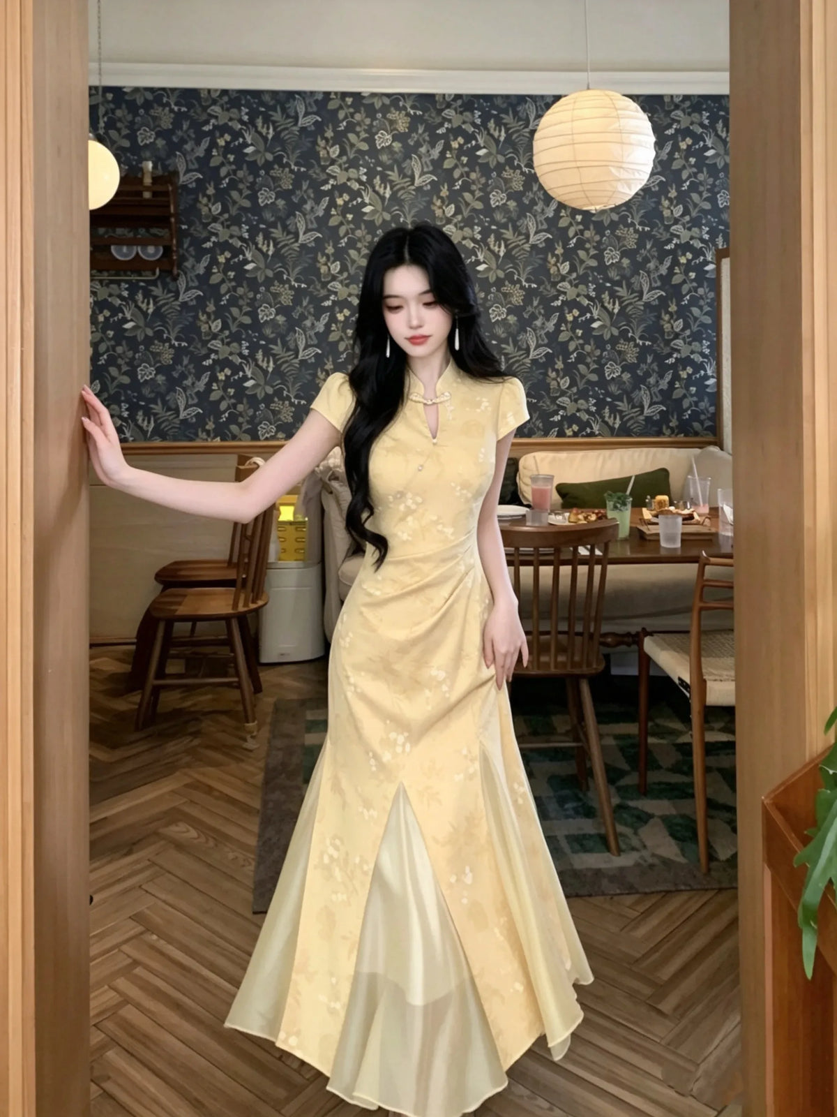 Olive Girl Yellow Dramatic Qipao for Ren Faire 2026 Garden Wedding Fairycore Photoshoot Everyday Wear S-XXL XS-3XL Plus Size Dramatic Silhouette Romantic Garden Party Editorial Not Costume Qipao Cheongsam Chinese Dress Chinese Heritage Fashion Women