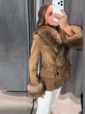 Retro Suede Faux Fox Fur Collar Blazer Coat Long Sleeve Double Breasted Fluffy Furs Cuff Women Fashion Jacket 2026 Chic Outfits