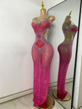 Sparkly Rhinestones Women Sexy Hollow Out High Split Elegant Bodycon Long Outfit Birthday Dress Stage Wear Performance Costume