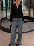 Black Loose Spliced Buttons Chic Jackets for Women Lapel Long Sleeve Commute Basics Jacket Female Summer Fashion