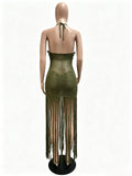 Sexy Cutout Crochet Beach Dress 2026 Summer Women One Shoulder Backless Knitted Sequined Fringe Tassel Midi Dress Clubwear