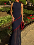 Elegant Spliced Sheer Mesh Dress for Women O Neck Sleeveless High Waist Hit Color Slimming Evening Dresses Female