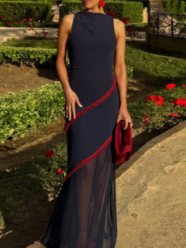 Elegant Spliced Sheer Mesh Dress for Women O Neck Sleeveless High Waist Hit Color Slimming Evening Dresses Female