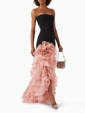 Women'S Sexy Strapless Bandage Slim Long Dress With Floral Decoration Layered Ruffle Edge Patchwork Dress Wedding Party