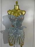 Women Sexy Strapless Mesh See Through Eveing Birthday Party Nightclub Stage Wear Sparkly Butterfly Rhinestone Sequins Mini Dres