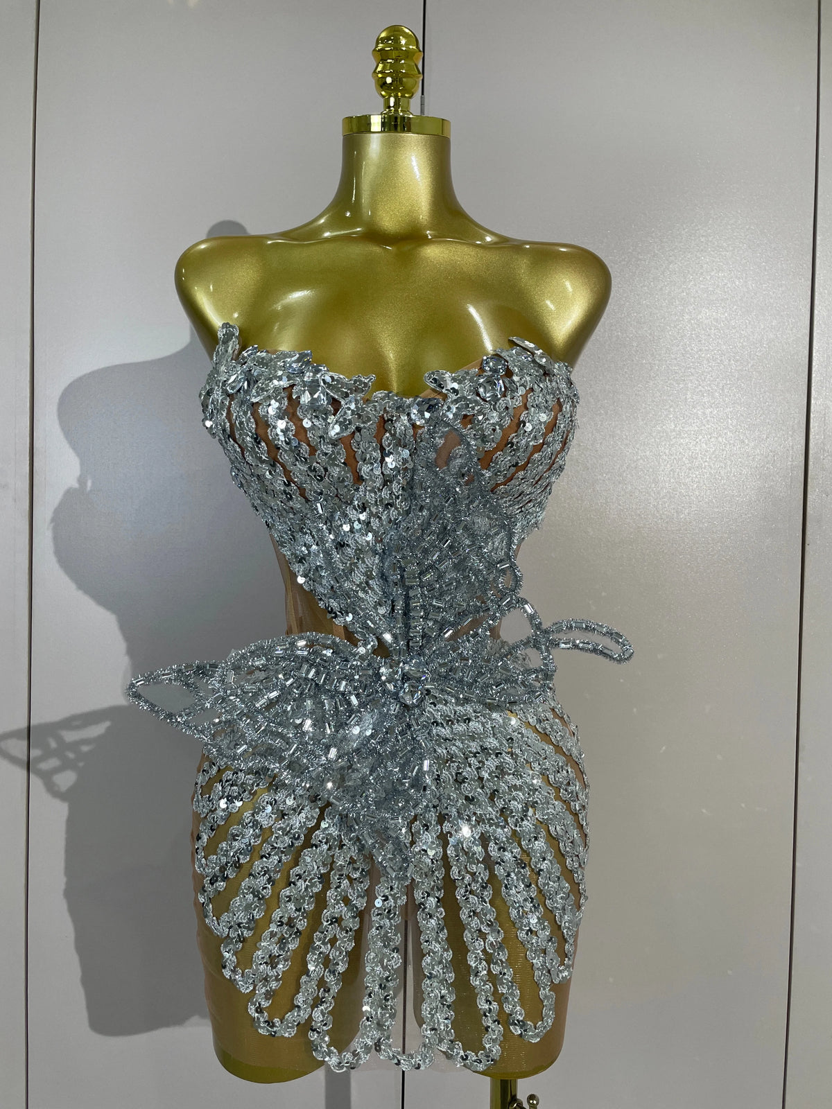Women Sexy Strapless Mesh See Through Eveing Birthday Party Nightclub Stage Wear Sparkly Butterfly Rhinestone Sequins Mini Dres