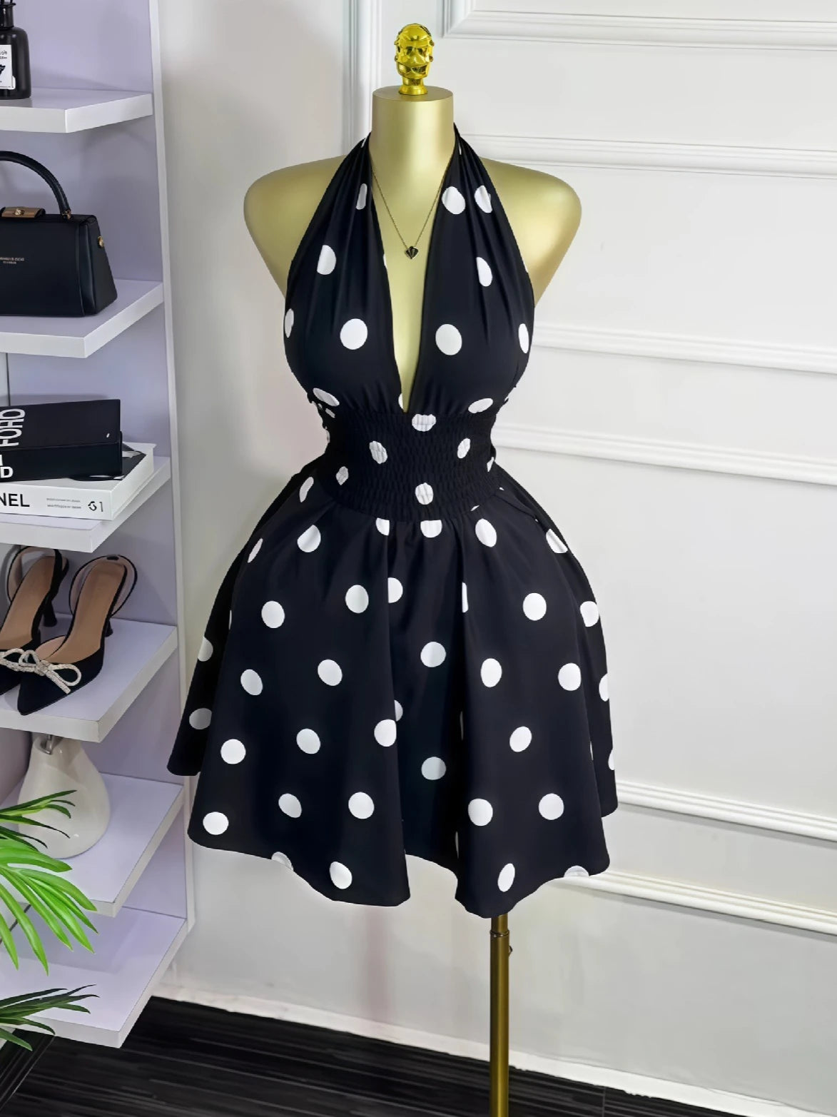 Women Dot Printed Sleeveless Halter V-neck Big Swing A-line Mini Dress  Summer Vacation Sexy Party Evening Dresses