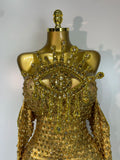 Sexy Strapless Gold Shinning Rhinestone Bodycon Bodysuit With Glove Bar Dancer Nightclub Singer DJ Stage Costume Birthday Outfit
