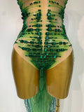 Green Sparkly Rhinestone Tassels Women Sexy Mesh Bodysuit Eveing Party Birthday Latin Dancer Nightclub Performance Stage Costume