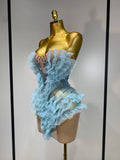 Women Sexy Strapless Sky Blue Diamonds Mesh Mini Dress Luxury Birthday Evening Party Costume Bar Nightclub Singer Stage Outfit