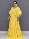 Women Maxi Dresses V Neck Lantern Sleeve 3D Flower Ruffle Hem Big Swing Elegant Vacation Summer