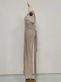 Gold Pleated Tunic Fish Bone Dresses for Women Square Collar Sleeveless Casual Party Split Evening Dress Female New