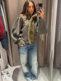 Women Olive Green Fur Collar Oversized Long Sleeve Fuzzy Trim Open Front Knit Cardigan Sweater Fall 2026 Casual Trendy New Wears