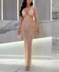 Luxury Sexy Pearl Beading Chain Long Sleeve Bodycon Long Dress Elegant Celebrity Evening Party Club High Quality Birthday Dress