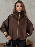 Women Stand Collar Zip Up Jacket Loose Long Sleeve Casual Warm Wool Blend Outerwear Fashion Coat Autumn