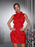Spliced Appliques Elegant Dresses For Women Stand Collar Sleeveless High Waist Patchwork Zipper Mini Dress Female