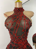 Sparkly Rhinestone Shining Women Sexy Bodycon See Through Irregular Hem Mini Dress Birthday Party Performance Costume