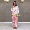 Bow Tie Neck Women Floral Print Set Long Puff Sleeve Cuff Trim Loose Blouse Vibrant Ethnic Midi Skirt Straight Hem Street Daily
