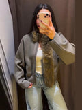 Women Olive Green Fur Collar Oversized Long Sleeve Fuzzy Trim Open Front Knit Cardigan Sweater Fall 2026 Casual Trendy New Wears