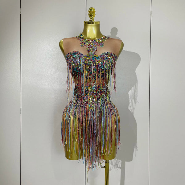 STOCK Sparkle Colorful Rhinestone Sequins Tassel Bodysuits Women Evening Birthday Party NightClub Bar Dancer Team Stage Costume