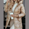 Women Hooded Quilted Mid-Length Puffer Coat Zipper Shiny Surface Warm Cotton Padded Jacket 2026 Fashion Casual Winter Outerwear